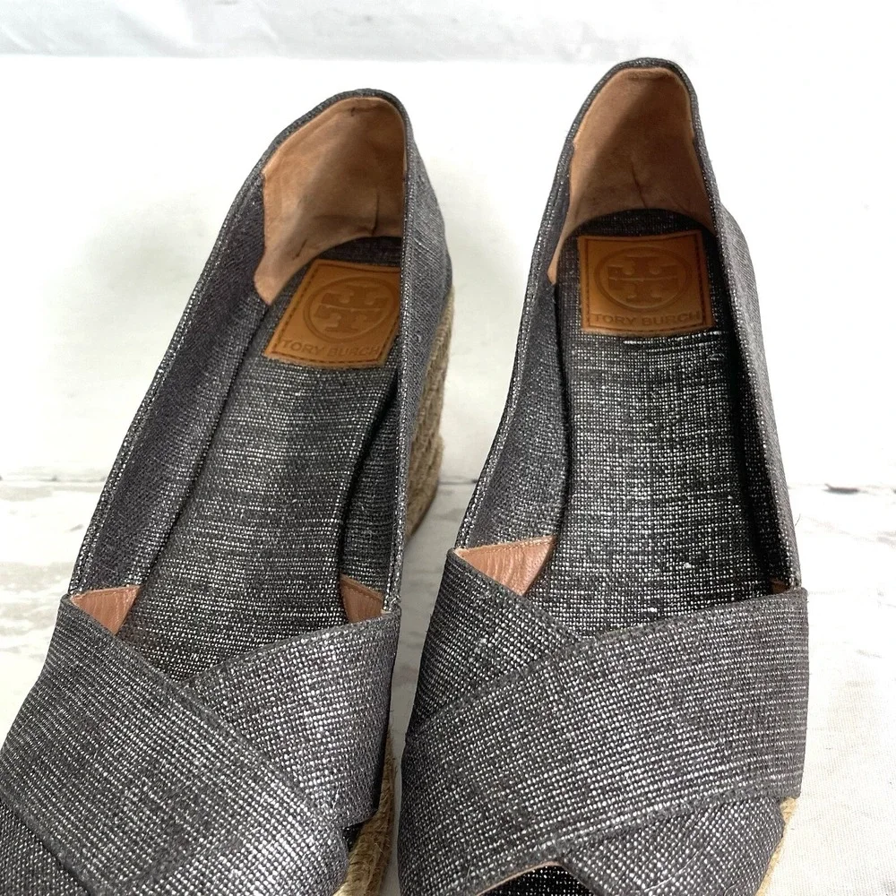 Tory Burch Filipa Shoes Women's 9.5B Pewter Espadrilles Peep Toe Wedges